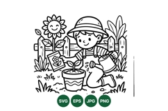Hand Drawn Kid Gardening Scene SVG Design Product Image 1