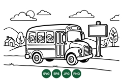 Line Art School Bus Svg With Kids Riding Vehicle Product Image 1