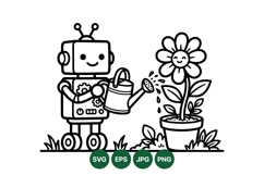 Cute Robot Watering Flower Svg Illustration Product Image 1