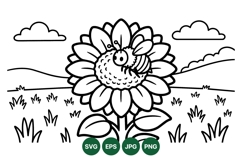 Cute Bee Sunflower Lineart Coloring Page Design Product Image 1