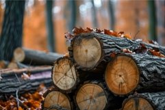 Detailed stack of freshly cut wooden logs surrounded by fall Product Image 1