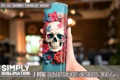3D Floral Skull Sublimation Skinny Tumbler Wrap| 20oz | Png Product Image 3