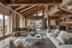 Spacious chalet living room with exposed wooden beams and mo Product Image 1