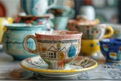 Handpainted ceramic tea cup on table Product Image 1