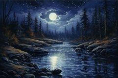 Tranquil moonlit riverside landscape with starry sky and ser Product Image 1