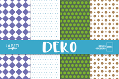 Basic digital scrapbook paper with blue, green, brown and purple patterns.