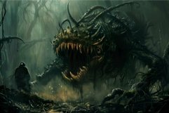 Menacing mythical creature lurks in an eerie, misty forest s Product Image 1