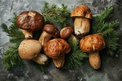 Freshly harvested boletus edulis mushrooms laying on dark ba Product Image 1