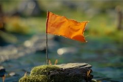Orange flag waving on a rock in a river Product Image 1