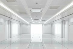 Bright empty corridor with elevators leading to the light Product Image 1
