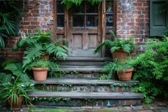 Rustic brick house entrance with potted ferns Product Image 1