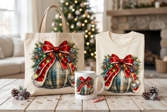 Christmas Plaid Pillow PNG, Red Santa Bow with Christmas Lig Product Image 1