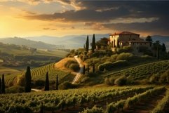 Golden sunset bathing a traditional tuscan villa and vineyar Product Image 1