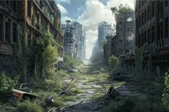 Artistic depiction of a deserted city street overgrown with Product Image 1