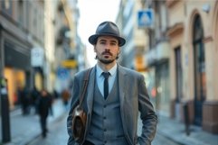 Businessman walking in the city wearing suit and hat Product Image 1