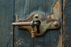 Old rusty lock securing a wooden door Product Image 1