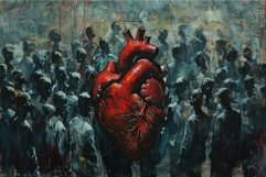 Surreal heart amidst faceless crowd painting Product Image 1