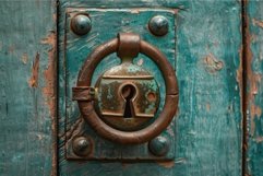 Old rusty lock protecting a weathered wooden door Product Image 1