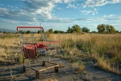 Abandoned shopping cart sitting in overgrown parking lot ill Product Image 1