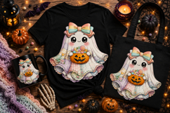 Cute Ghost with Pumpkin Candy Bucket PNG | Kawaii Halloween Product Image 1