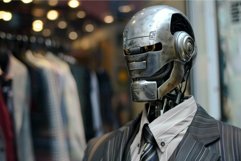 Metallic robot wearing suit and tie posing in clothing store Product Image 1