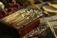 Traditional wooden hammered dulcimer on rustic table Product Image 1