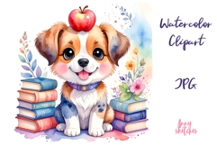 Kawaii Dog with Apple and Books Back to School Clipart JPG Product Image 1