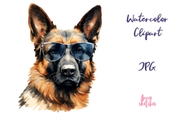 Happy German Shepherd in Sunglasses Watercolor Clipart JPG Product Image 1