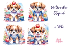 4 Kawaii Dogs with Apple and Books Back to School Clipart Product Image 1