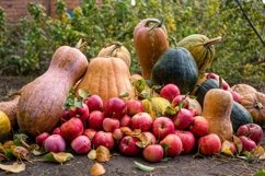 Autumn colorful village garden. Harvest of ripe pumpkins Product Image 1