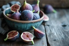 Fresh figs in rustic ceramic bowl on wooden table Product Image 1