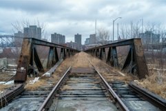 Abandoned railway tracks leading to cityscape Product Image 1
