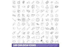 100 childish icons set, outline style Product Image 1