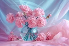 Elegant pink carnations in vase on draped silk Product Image 1