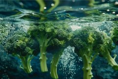 Fresh broccoli florets submerged in water with bubbles Product Image 1
