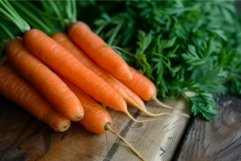 Fresh carrots with green tops on wooden surface Product Image 1