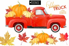 Fall vintage red TRUCK with pumpkins PNG, Watercolor clipart Product Image 1
