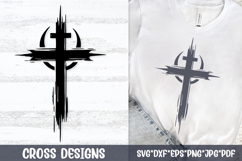 Abstract brush stroke cross SVG integrated with crescent moon in boho tattoo style, featuring dramatic grunge splashes and distressed texture, perfect for faith t-shirts, Christian apparel, spiritual jewelry, minimalist wall art, Cricut/Silhouette faith c