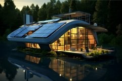 Futuristic solar-powered eco-home by lake at dusk Product Image 1