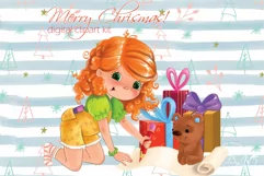 Cute girl with gifts and teddy bear Christmas clipart kit Product Image 1