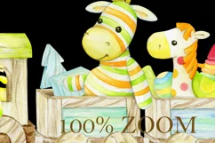 Watercolor clipart. Wooden locomotive, Zebra, rocking horse. Product Image 3