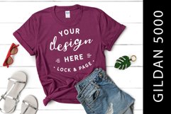 Berry Gildan 5000 Women's Knotted T-Shirt Mockup Flat Lay Product Image 1