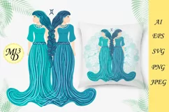 Zodiac sign Gemini. Womans in a dress with braids, hand draw Product Image 2
