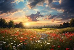 Sunset over blooming wildflower meadow Product Image 1