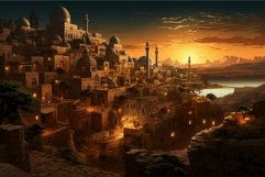 Majestic sunset over an ancient fantasy city Product Image 1