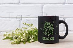 Black coffee mug mockup with white spiraea flowers Product Image 1