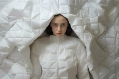 Enigmatic woman emerging from geometric patterns Product Image 1