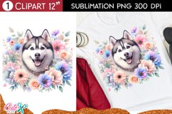 happy husky with pastel flowers around 