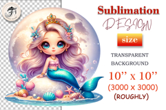 Cute little mermaid sitting by the sea with the full moon behind her, surrounded by seashells, sparkles, and fantasy ocean plants. Ideal for kids’ projects and sublimation crafts.