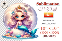 Cute little mermaid sitting by the sea with the full moon behind her, surrounded by seashells, sparkles, and fantasy ocean plants. Ideal for kids’ projects and sublimation crafts.